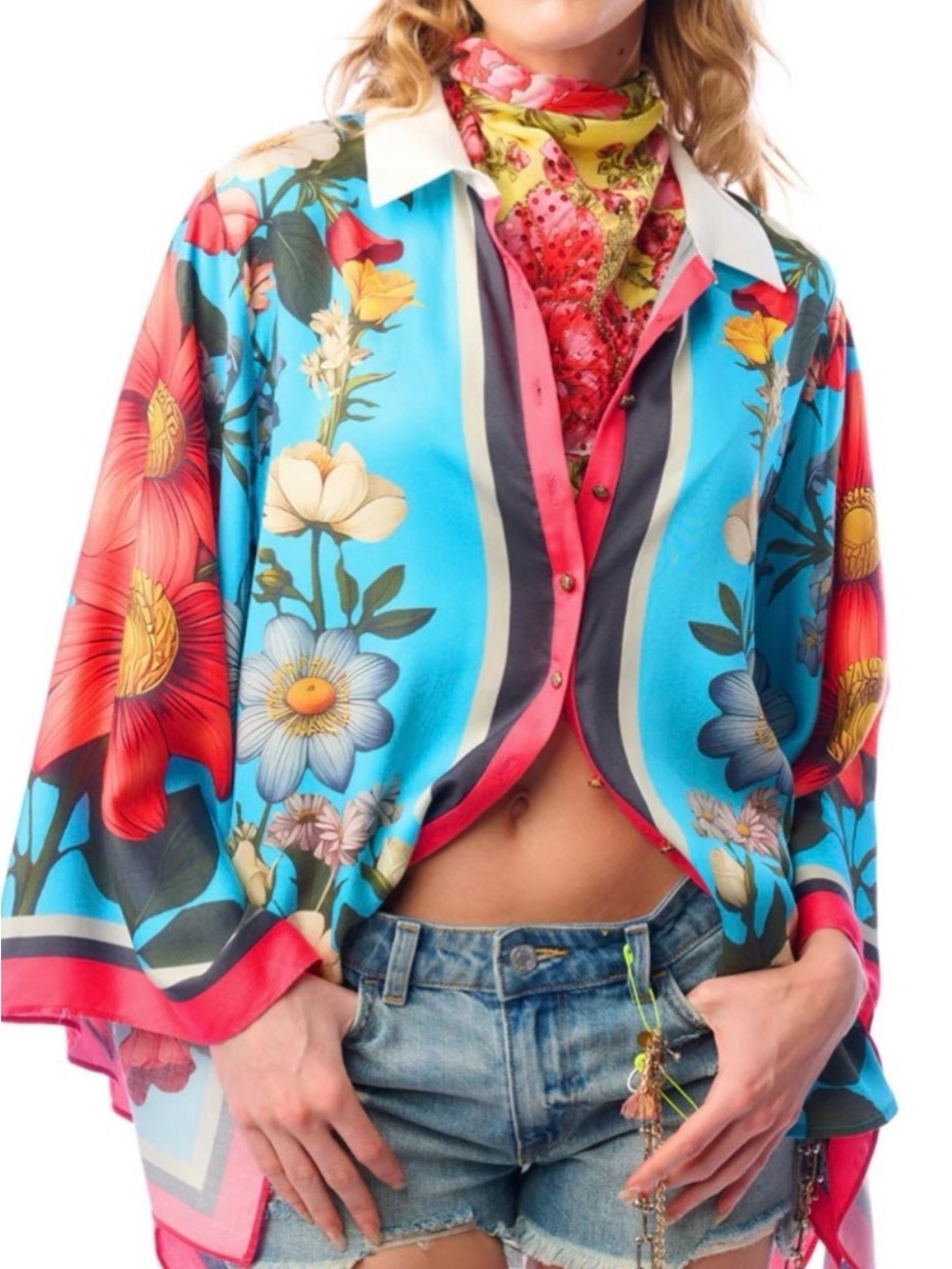 ARRATA Vibrant Floral Turquoise Button-Down Blouse